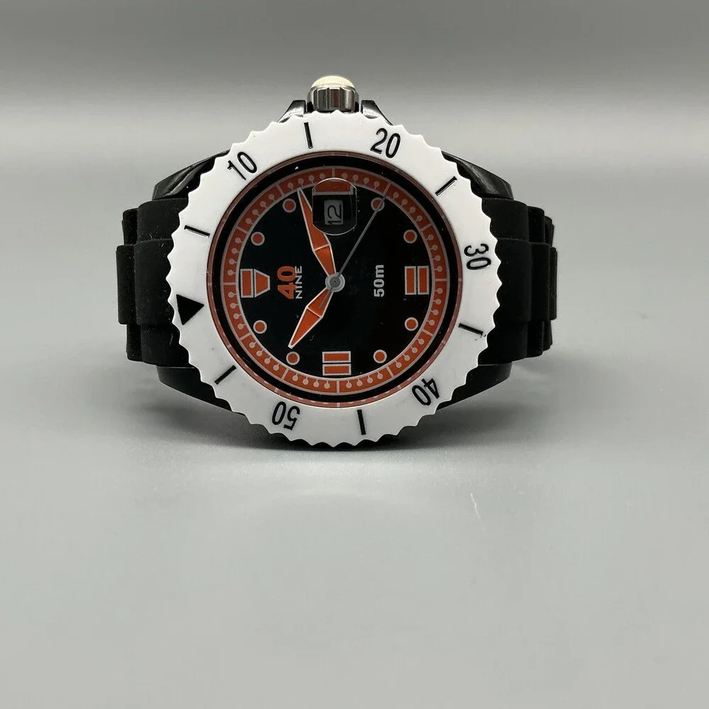 40nine Mens Watch 43mm Black Orange Dial White Bezel Date Silicone New Battery